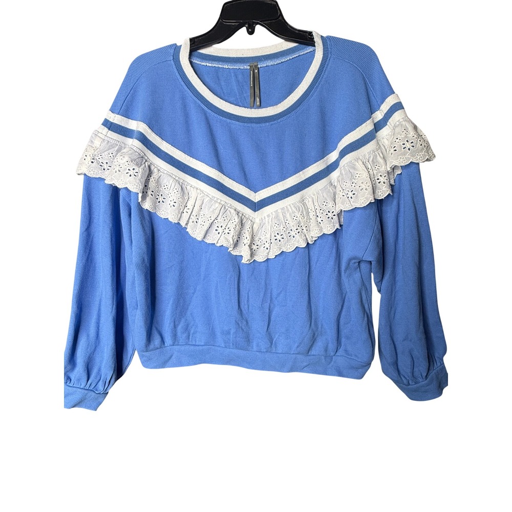 Anthropologie Blue Waffle Knit Eyelet Ruffle Pullover Sweatshirt XS